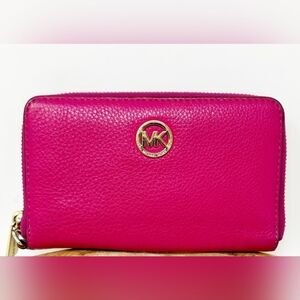 Michael Kors HOT Pink Pebbled Leather Long Ziparound Wallet